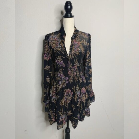 Free People Fake Pretend Black Print Long Sleeve Mini Dress - Picture 7 of 14